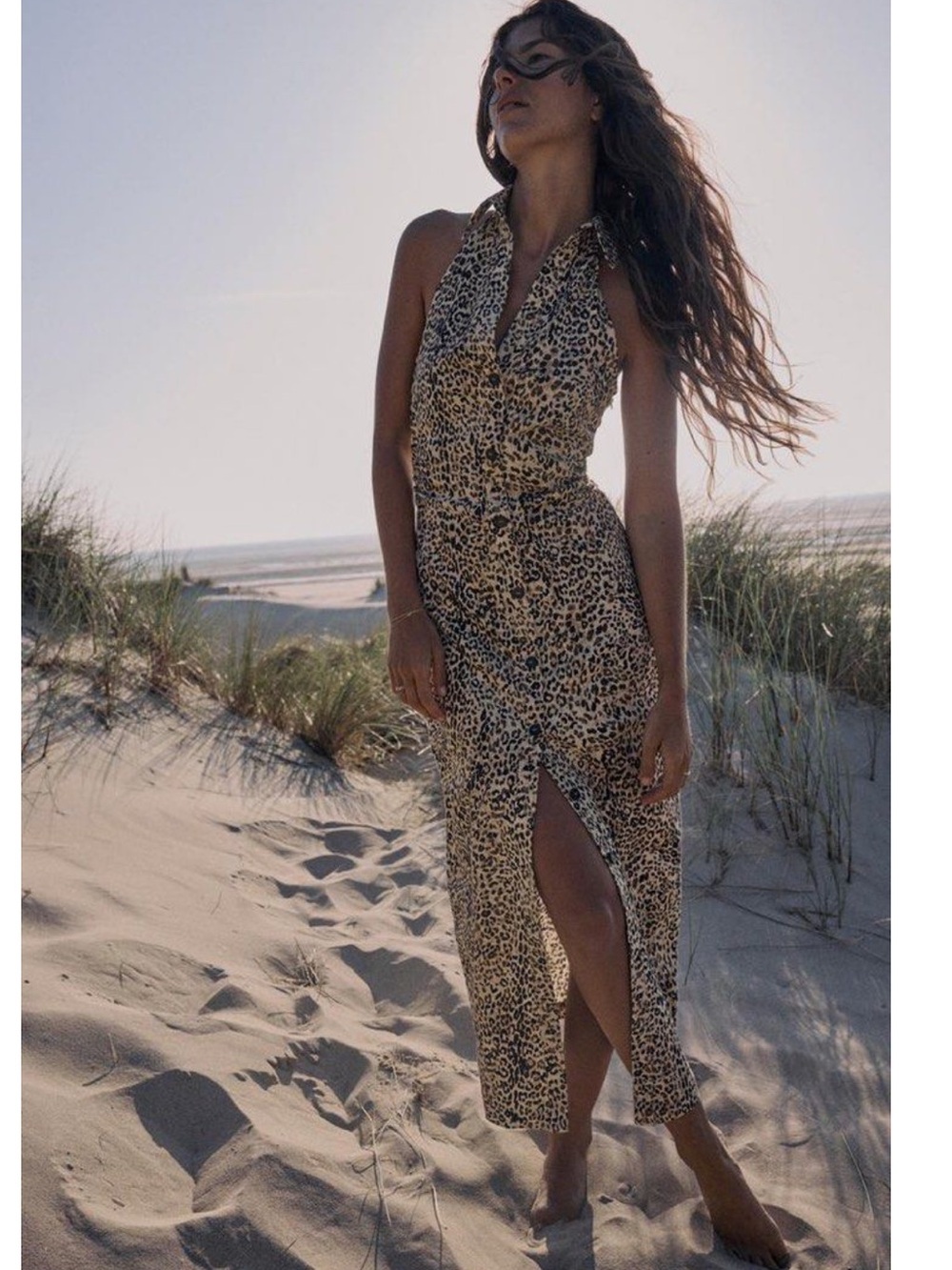 Zara Leopard Print Linen Halter Midi Dress